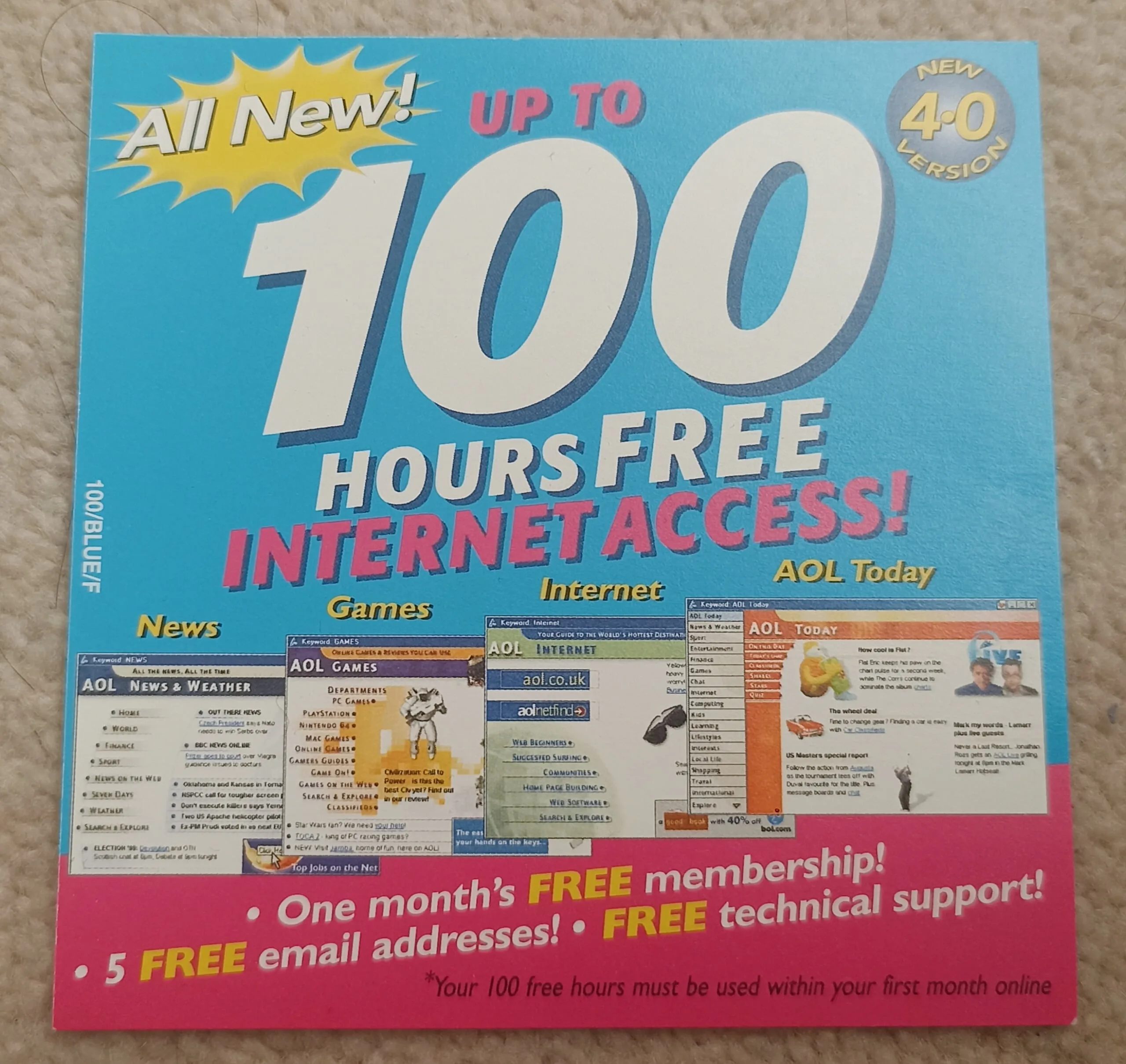 100 free hours AOL leaflet from the 1990s