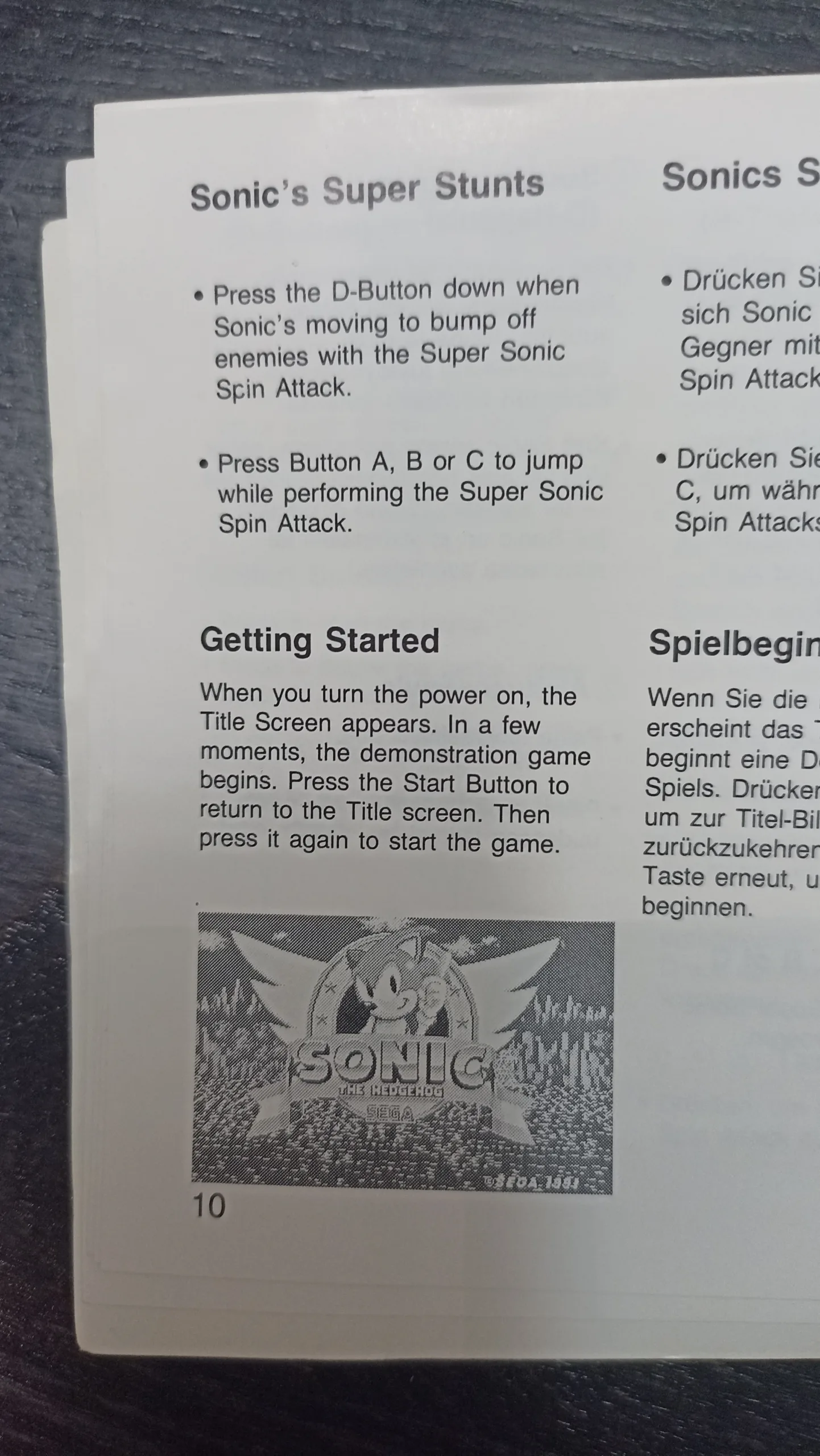 Sonic the Hedgehog instruction booklet describing super stunts